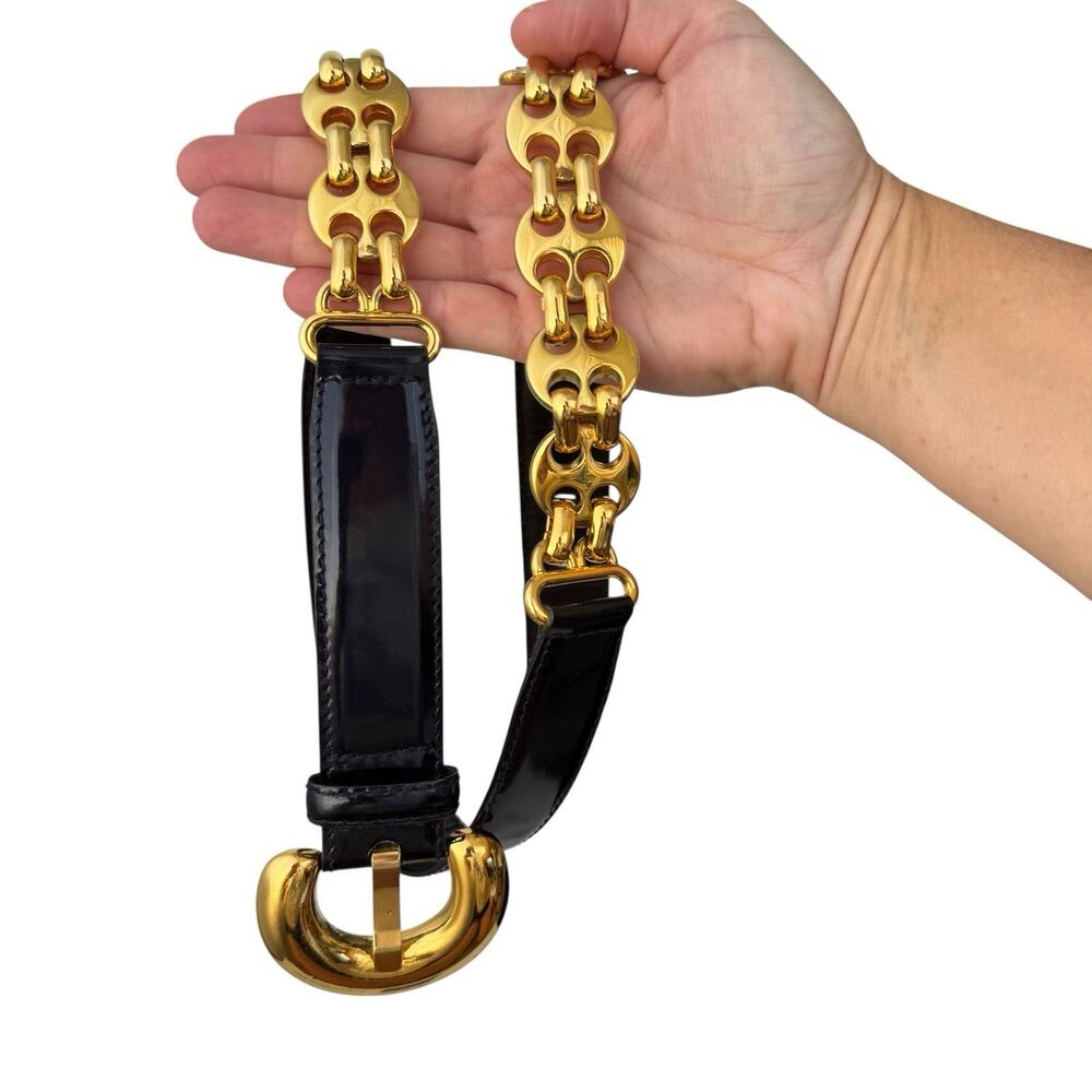 Vintage Escada Womens 34-36 Midnight Blue Patent Leather Gold Chain 80s Luxury - Picture 1 of 8
